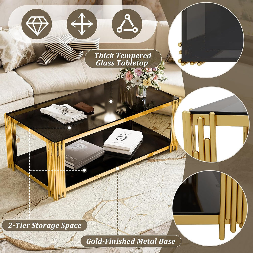 Merax Table Set of 3, with 1 Rectangle Coffee Table & 2 Square End Tables, Black Mirror, Asymmetrical Metal, Gold Finish & Lower Shelf, for Living Room Apartment, Black