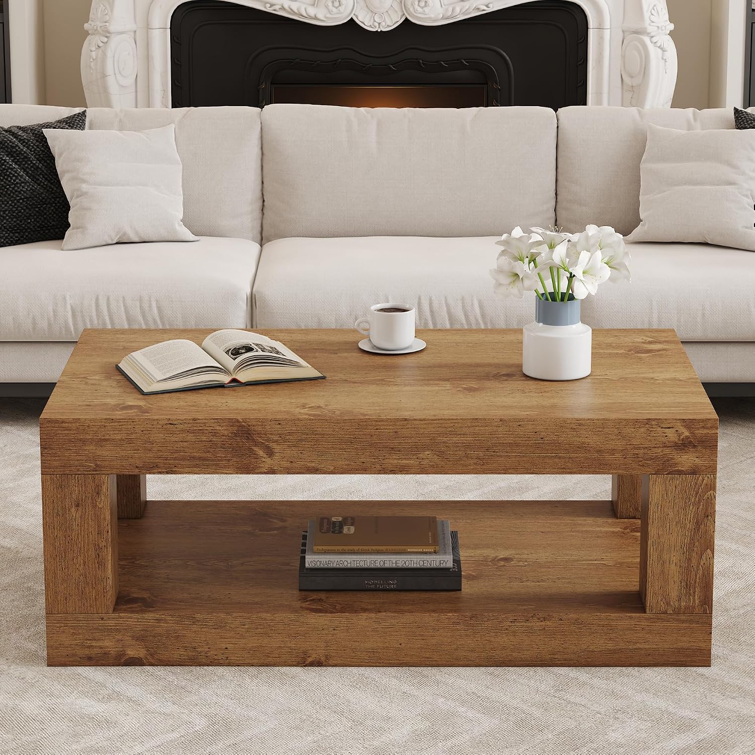 39.4' Coffee Table with Storage, 2-Tier Wood Coffee Table with 4' Thick Tabletop, Mid Century Modern Cocktail Center Tea Tables with Bottom Shelf for Living Room, Office, Apartment,Natural Wood