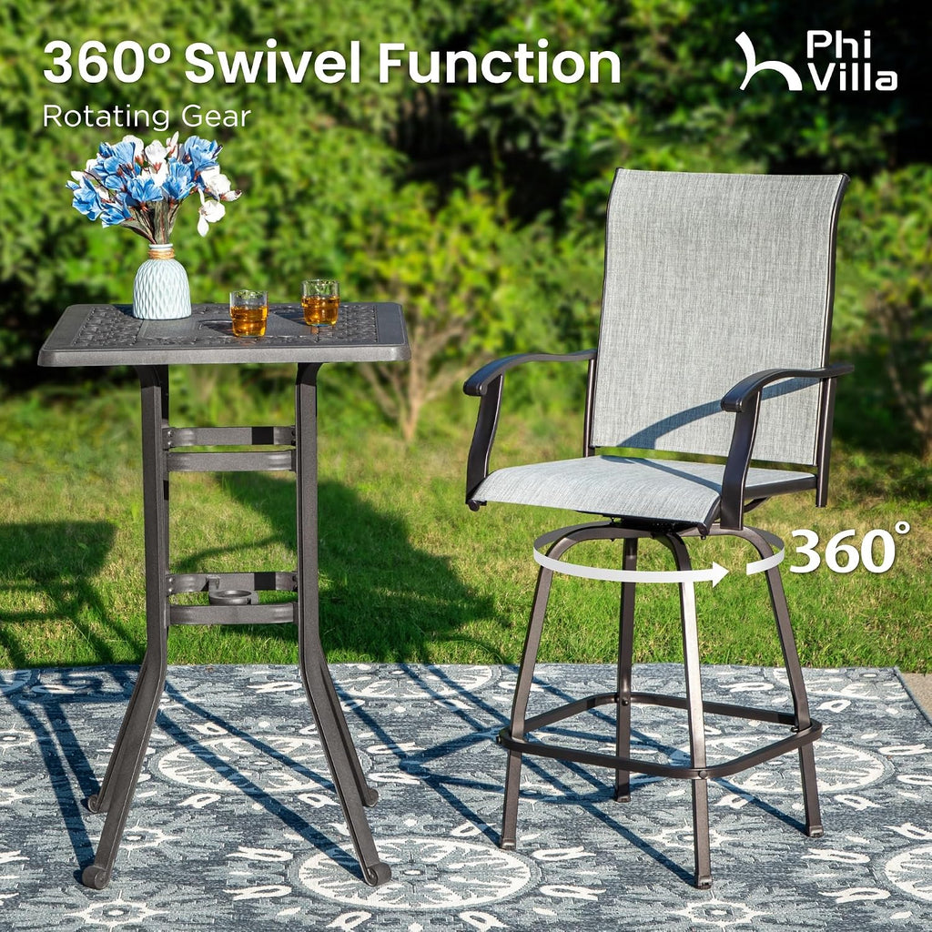 PHI VILLA Outdoor Swivel Patio Bar Stools Set of 2, 30 Inch Bar Height Tall Patio Chairs with Back & Armrest, Durable Textilene Fabric in Grey for Deck Lawn Garden