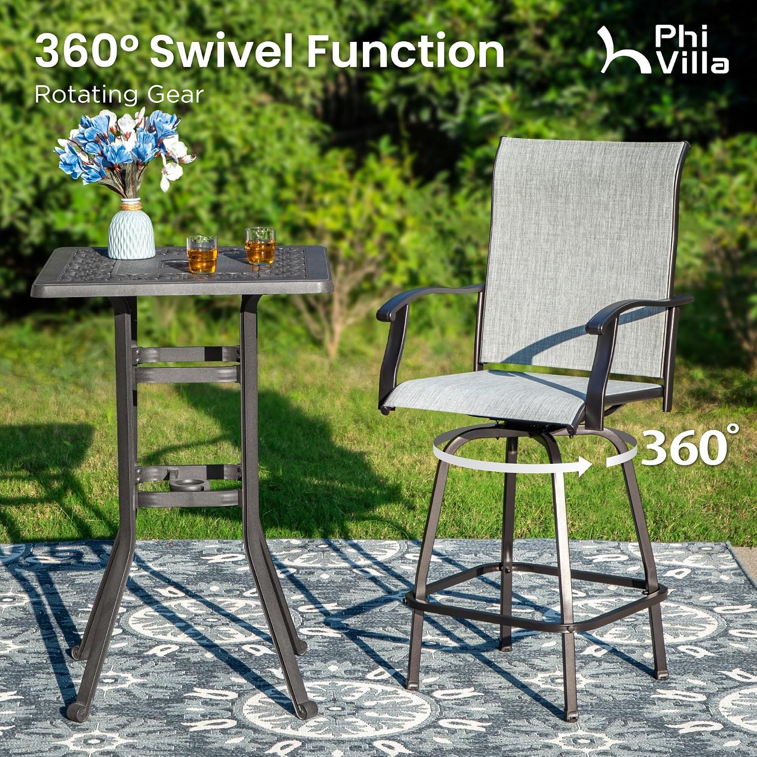 PHI VILLA Outdoor Swivel Patio Bar Stools Set of 2, 30 Inch Bar Height Tall Patio Chairs with Back & Armrest, Durable Textilene Fabric in Grey for Deck Lawn Garden