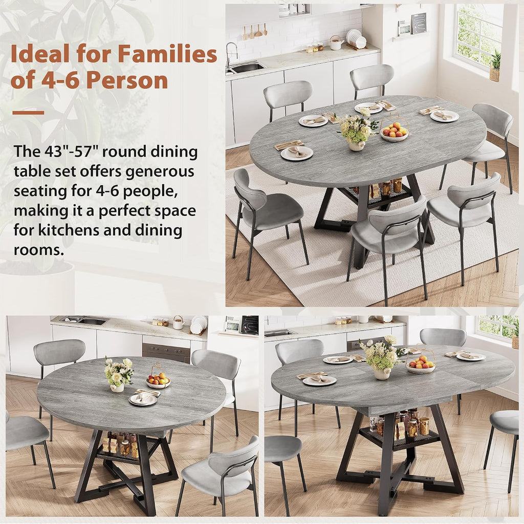 43''-57'' Extendable Round Dining Table for 4-6, Modern Industrial Kitchen Oval Dining Table with Removable Leaves, Space Saving Pedestal Base with Storage Shelf for Kitchen Living Room (Grey)