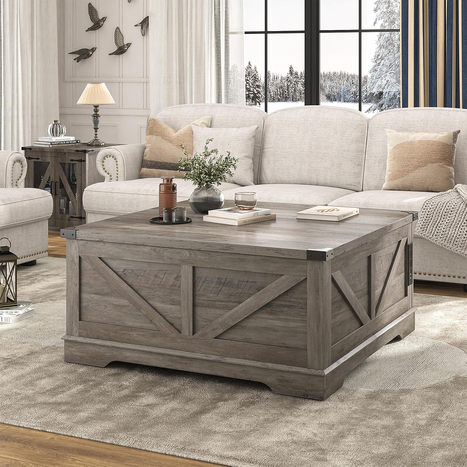 Hlivelood 40' Large Farmhouse Lift Top Coffee Table with Power Outlets and Large Hidden Storage, Square Wood Living Room Tables, Multi-Function Lift Wooden Barn Door Center Table, Grey