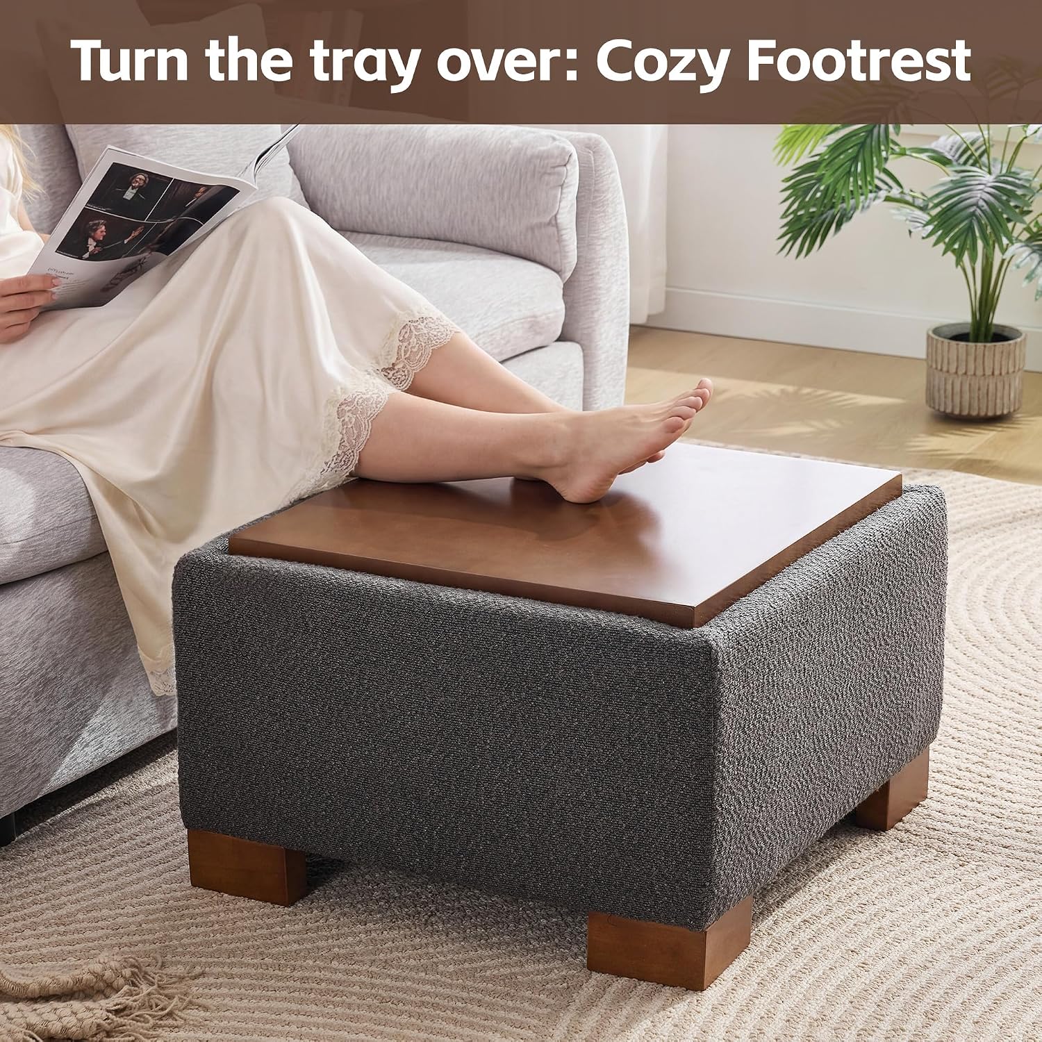 WUTUTUEE 24' Square Ottoman Coffee Table with Storage, Boucle Ottomans with Tray and Solid Wood Legs for Living Room, Bedroom and Apartments, Small Modern Ottoman Tea Table with Lift-Off Lid, Grey