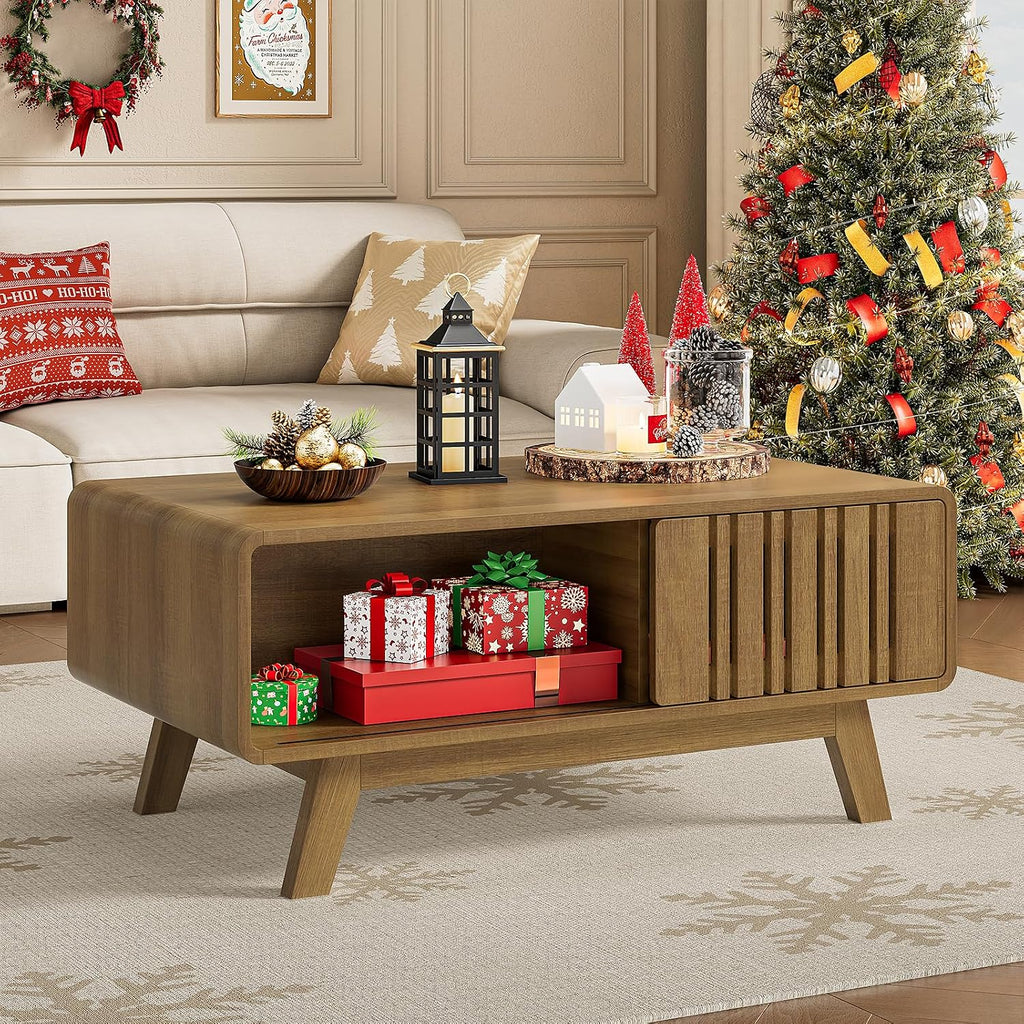 ONBRILL Coffee Table, Mid Century Modern Table with Storage Compartment, Fluted Table with Sliding Cabinet Door, Farmhouse Wood Coffee Table for Living Room (Natural)