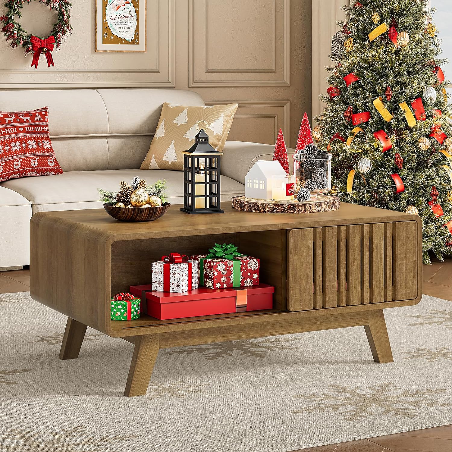 ONBRILL Coffee Table, Mid Century Modern Table with Storage Compartment, Fluted Table with Sliding Cabinet Door, Farmhouse Wood Coffee Table for Living Room (Natural)