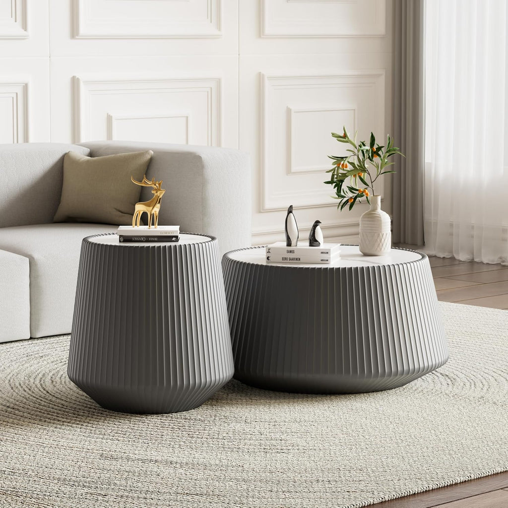 Round Coffee Table Set with Sintered Stone Tabletop, 26.77' Grey Drum Center Table and 19.68' Grey Coffee Table Set, 2 Pieces Living Room Table Set with Fluted PU Leather Cover& Stable Base
