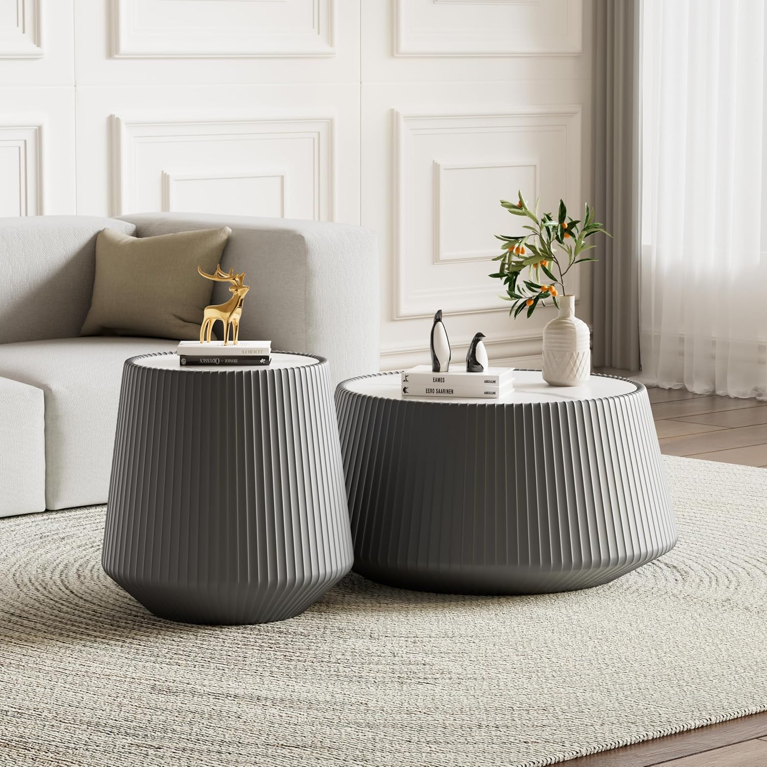 Round Coffee Table Set with Sintered Stone Tabletop, 26.77' Grey Drum Center Table and 19.68' Grey Coffee Table Set, 2 Pieces Living Room Table Set with Fluted PU Leather Cover& Stable Base