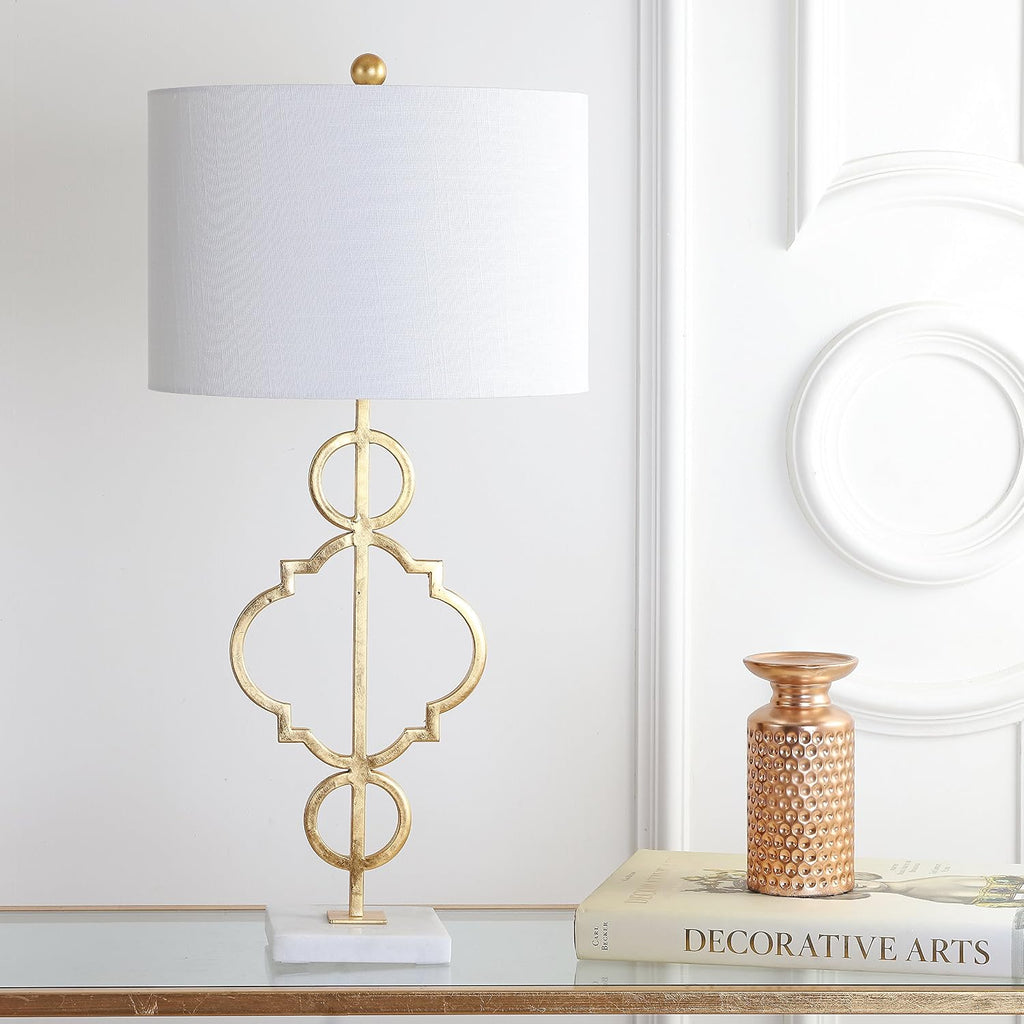 JONATHAN Y 31' Gold Modern Quatrefoil LED Table Lamp, Contemporary Metal Iron Lamp with White Marble Base and Linen Drum Shade for Living Room Bedroom, LED Bulb Included JYL3026A