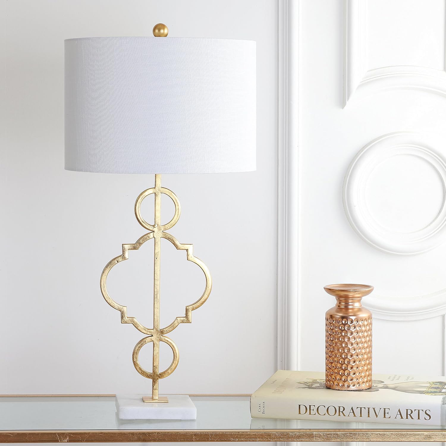 JONATHAN Y 31' Gold Modern Quatrefoil LED Table Lamp, Contemporary Metal Iron Lamp with White Marble Base and Linen Drum Shade for Living Room Bedroom, LED Bulb Included JYL3026A