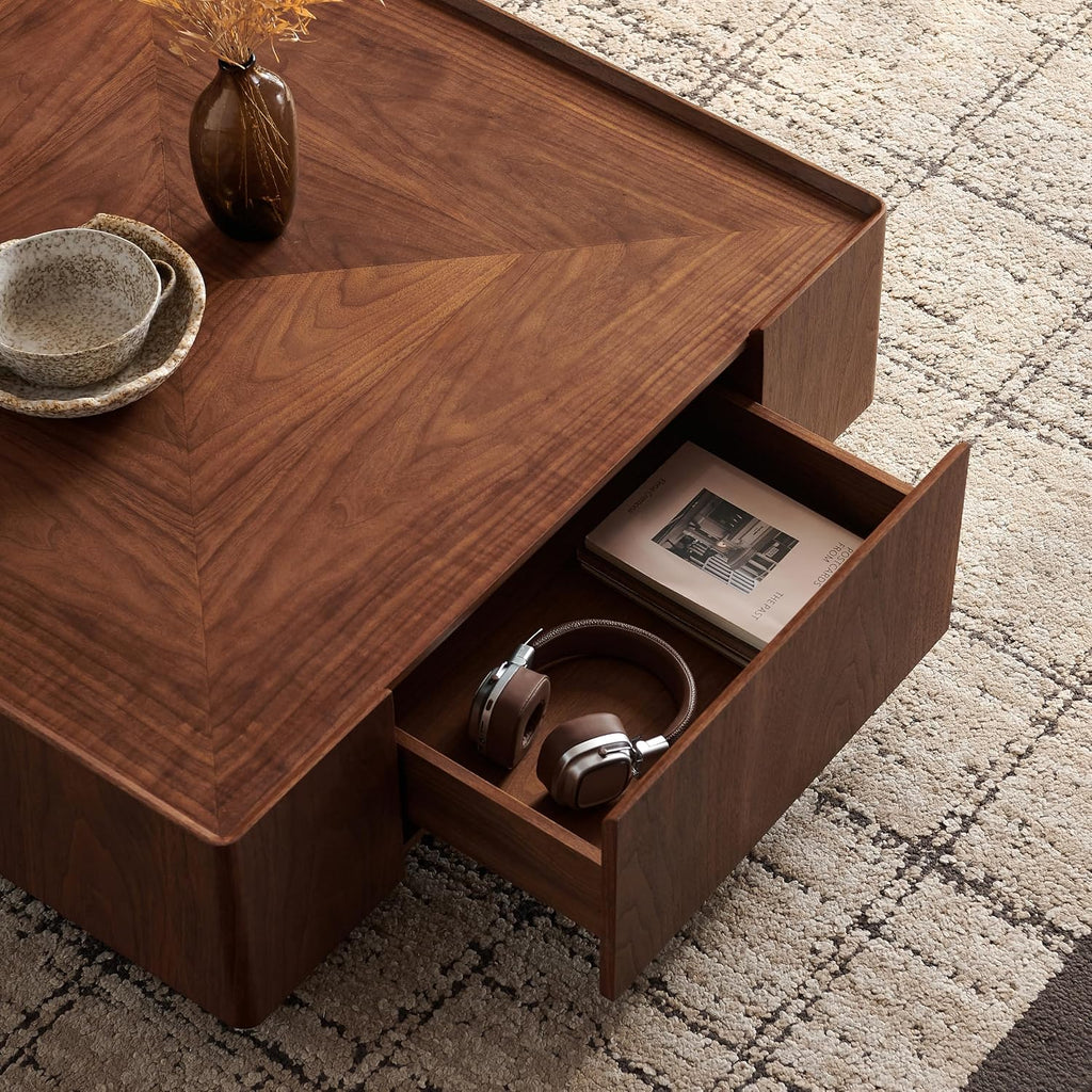 WILLIAMSPACE 35.43' Square Coffee Table with 2 Drawers Storage, Modern Drum Center Table Tea Table for Living Room Apartment, No Need Assembly - Walnut