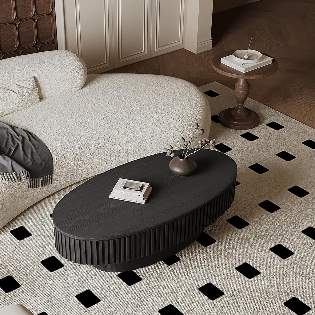 Black Oval Coffee Table with Storage for Living Room Fluted Coffee Table with Lid 47.2'' Modern Olive-Shaped Center Tables Pedestal Accent Tea Table for Apartment