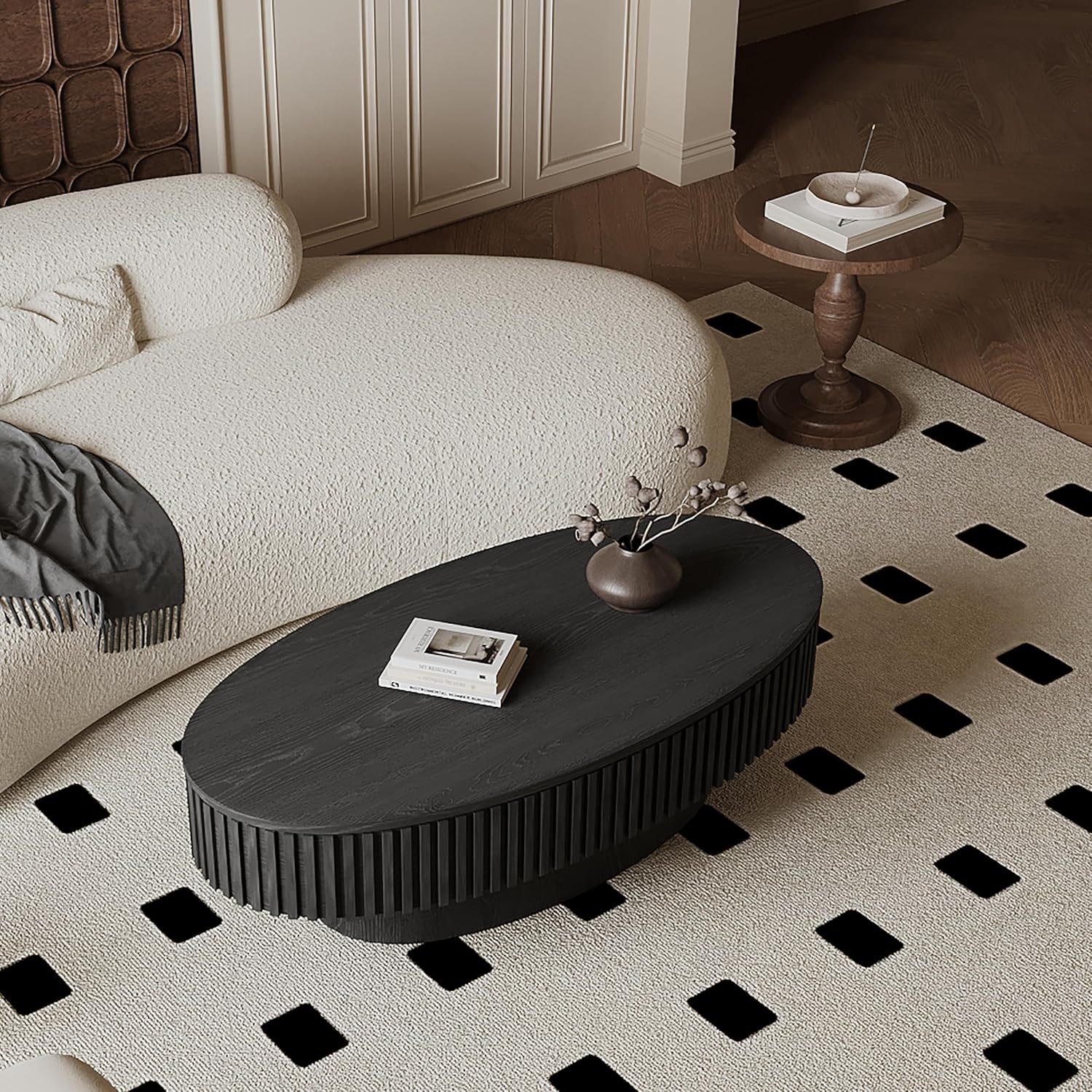 Black Oval Coffee Table with Storage for Living Room Fluted Coffee Table with Lid 47.2'' Modern Olive-Shaped Center Tables Pedestal Accent Tea Table for Apartment