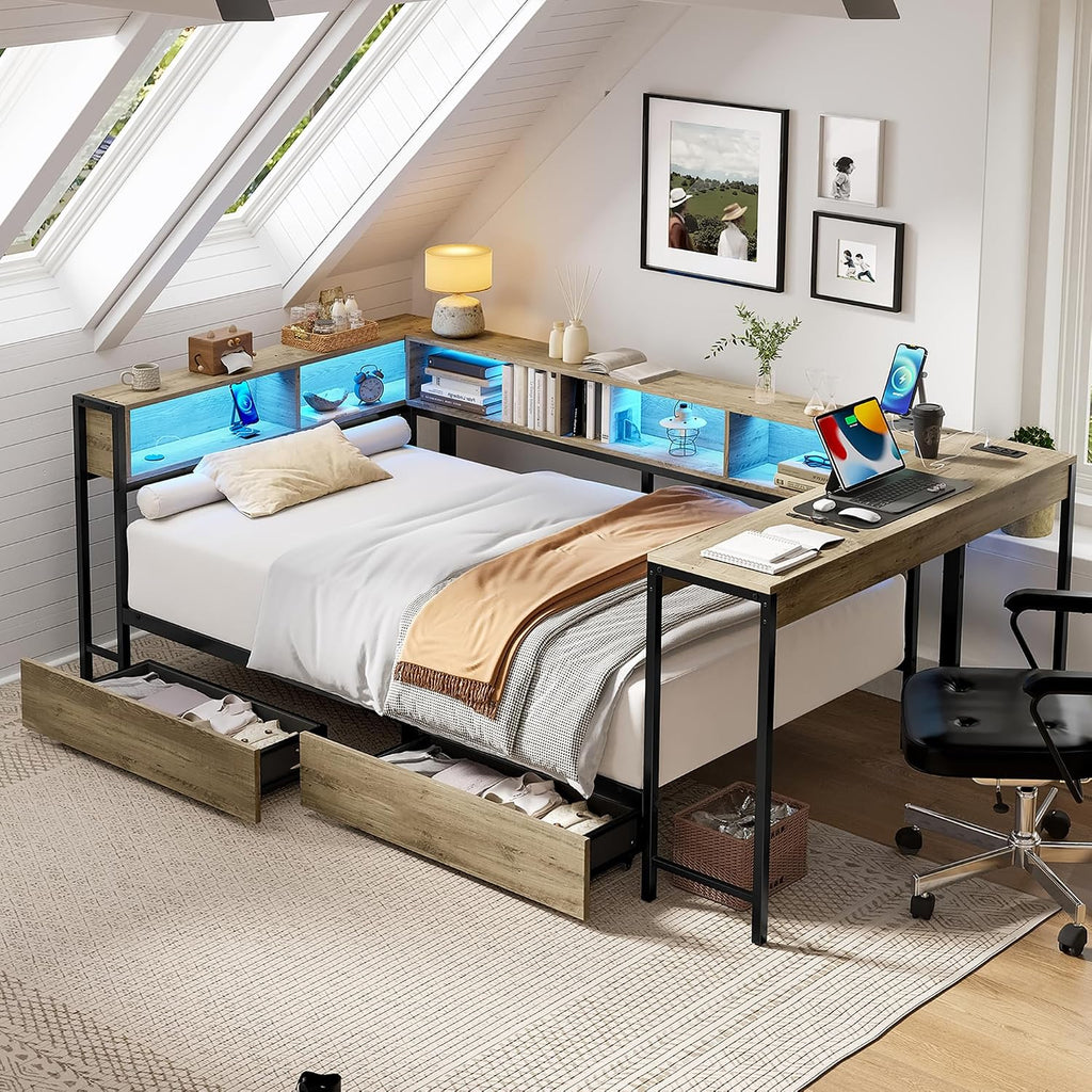 GDFStudio Twin Size Bed Frame with 2 Storage Drawers, Corner Platform Twin Bed with Desk and Bookcase Shelves, LED Light and Charging Station, Metal and Wood Twin Bed Frame, No Box Spring Needed, Grey