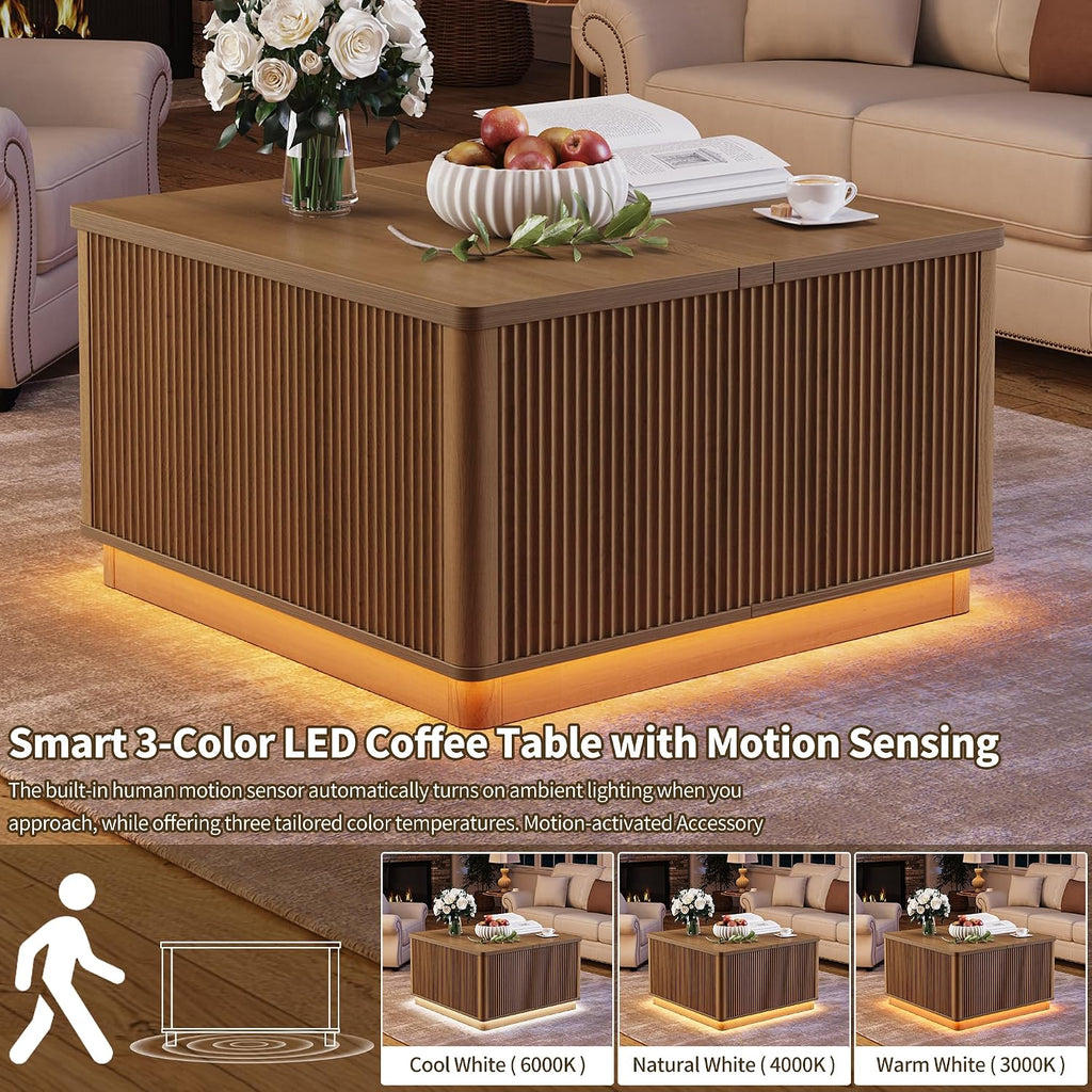 Modern Lift Top Coffee Table with Storage, Square Coffee Tables with LED Lighting and Power Outlet, Wooden Square Center Table for Living Room, Home Office, Natural