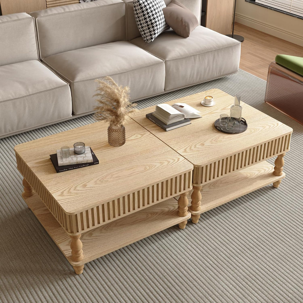 31.50' Square Fluted Lift-Top Coffee Table with Hidden & Open Storage, Modern Center Table with Hydraulic Raising Mechanism, Retro Tea Table with Solid Wood Legs for Living Room Apartment, Natural