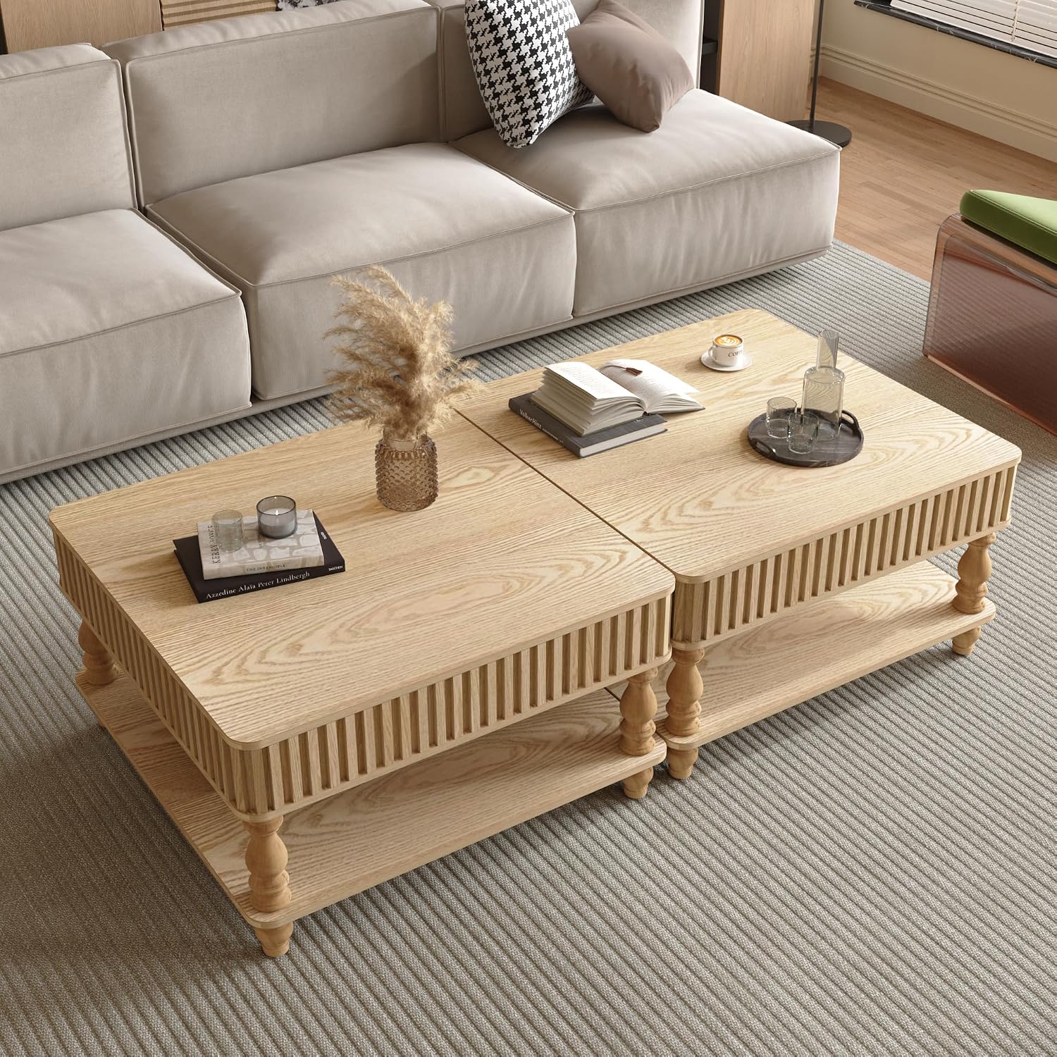 31.50' Square Fluted Lift-Top Coffee Table with Hidden & Open Storage, Modern Center Table with Hydraulic Raising Mechanism, Retro Tea Table with Solid Wood Legs for Living Room Apartment, Natural