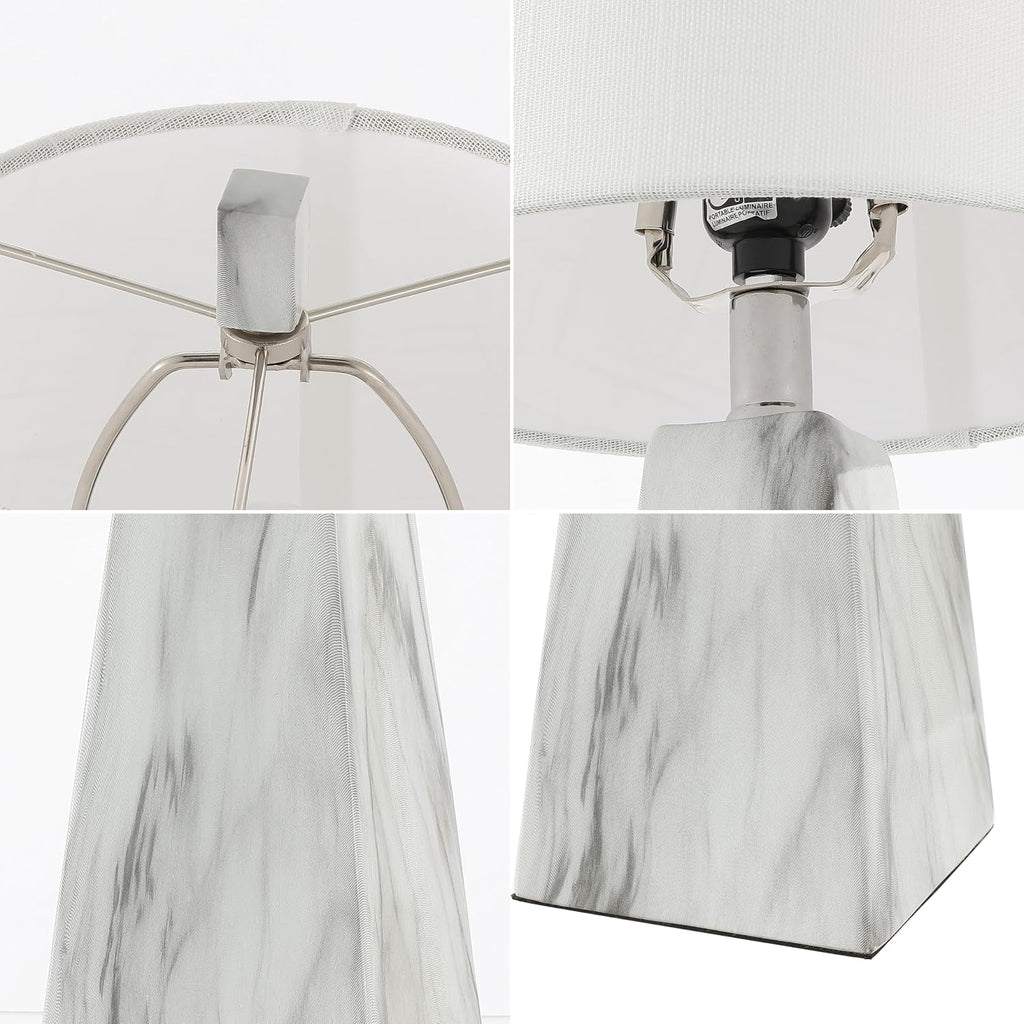 JONATHAN Y 20.5' White Marble Finish Modern Resin Table Lamp for Bedroom Living Room, Contemporary Faceted Bedside Lamp with White Linen Shade, LED Bulb Included (JYL1037A-SET2)