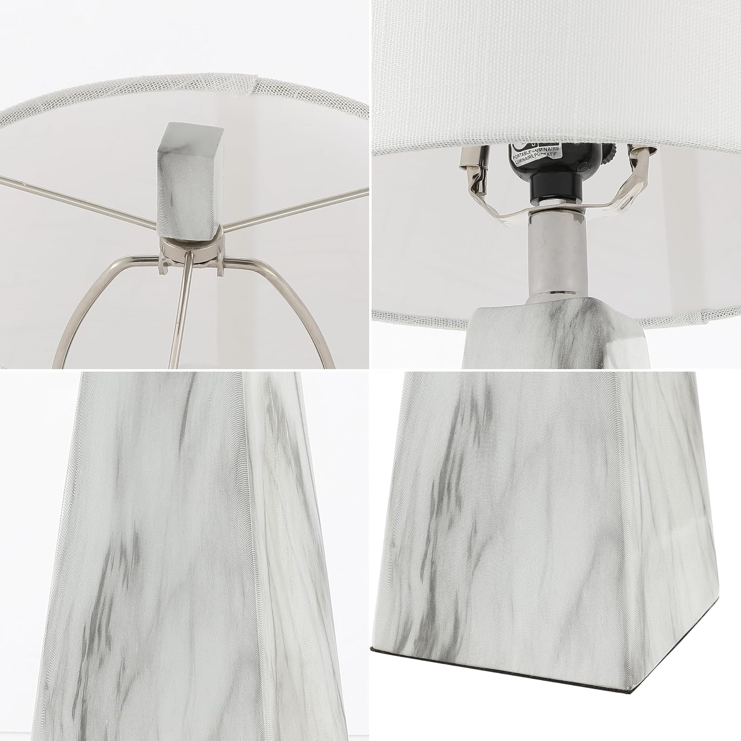 JONATHAN Y 20.5' White Marble Finish Modern Resin Table Lamp for Bedroom Living Room, Contemporary Faceted Bedside Lamp with White Linen Shade, LED Bulb Included (JYL1037A-SET2)