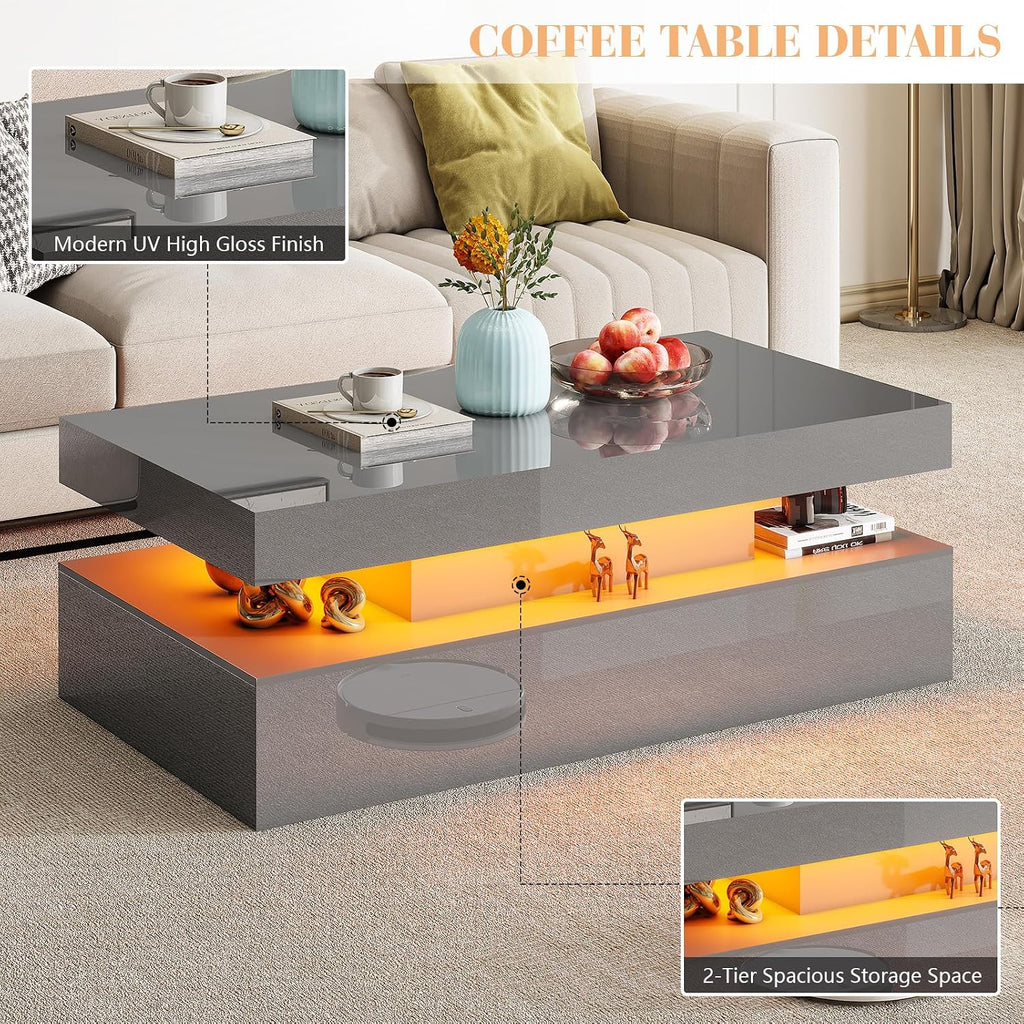 AMERLIFE 5-Piece Modern High Gloss Living Room Table Set, 68' TV Stand, 40' Fireplace, 2-Tier LED Light Coffee Table & 2 End Tables with Large Drawer/Charging Station, Entertainment Center Sets, Grey