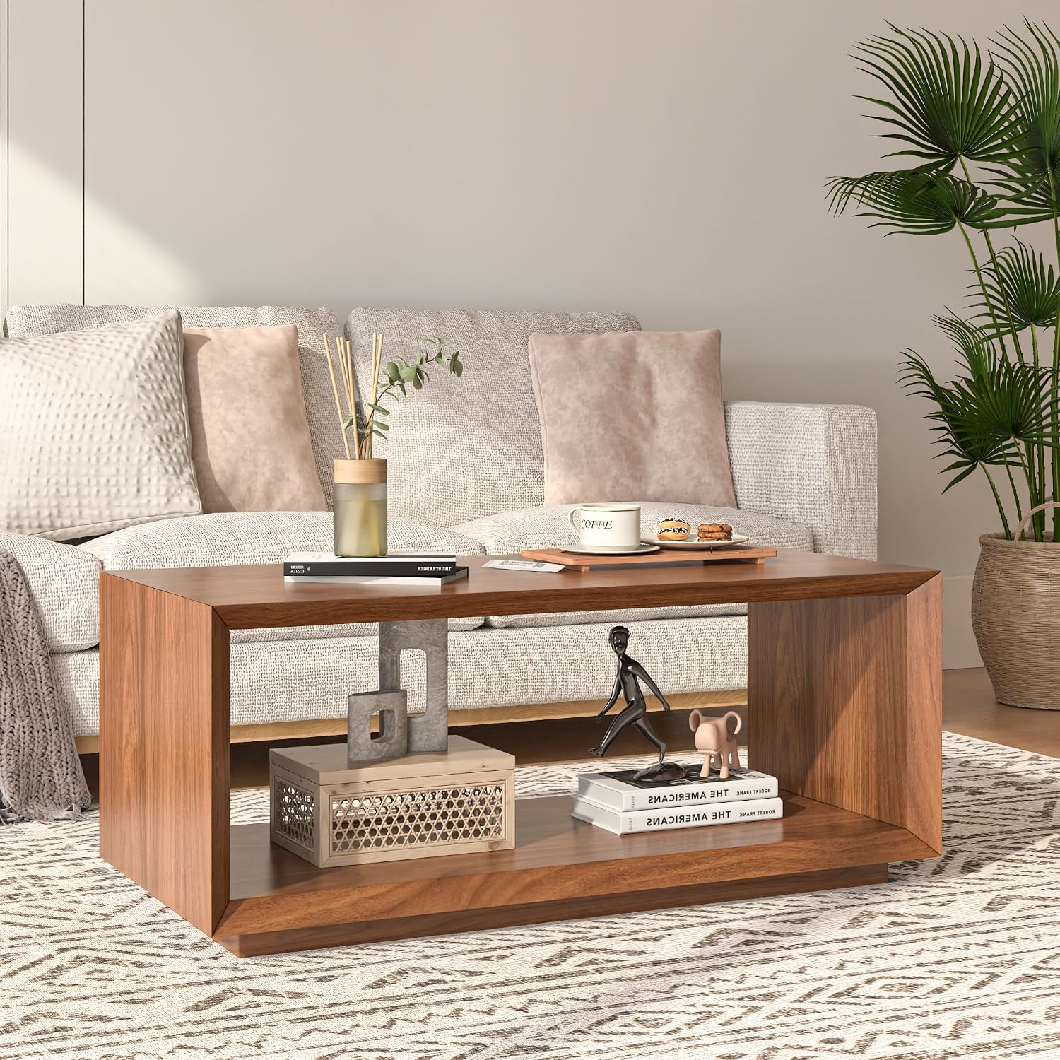 Coffee Table with Storage, Mid Century Modern, Rectangle Cocktail Tea Table, Farmhouse Wood Coffee Table for Living Room, Home Office (Walnut)