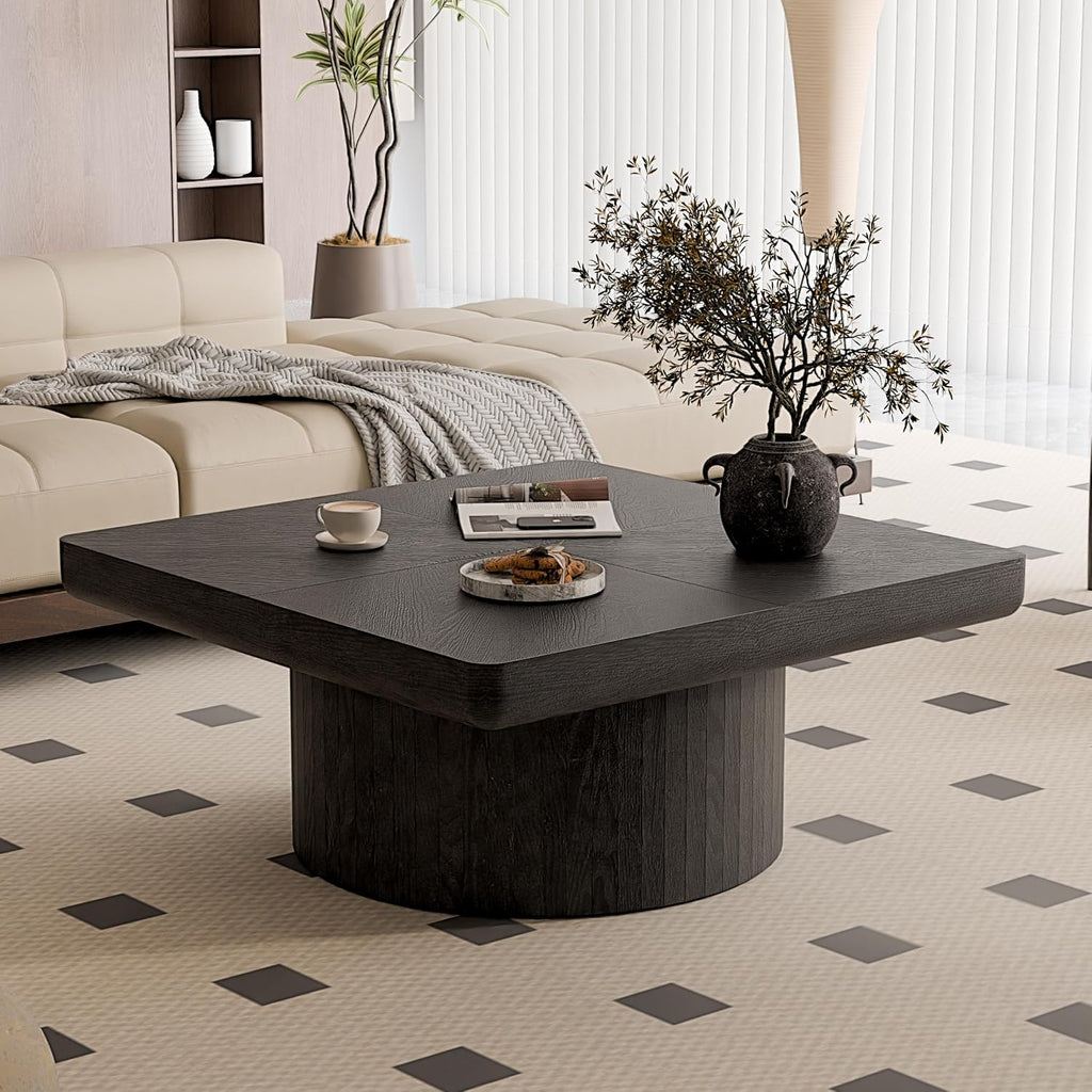 KEIKI 34.6' Square Coffee Table, Modern Wooden Coffee Table with Parquet Wood Veneer Top and Cylindrical Base, Thick Top Coffee Bar Table for Living Room or Office, Black
