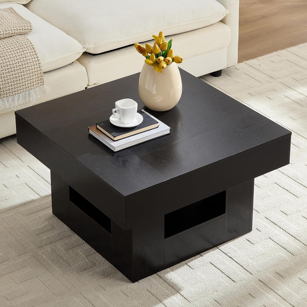 OKYCI Modern Coffee Table for Living Room, Wood Living Room Table with Sturdy Wooden Legs, Easy Assembly, 31.5' W x 31.5' D, Black