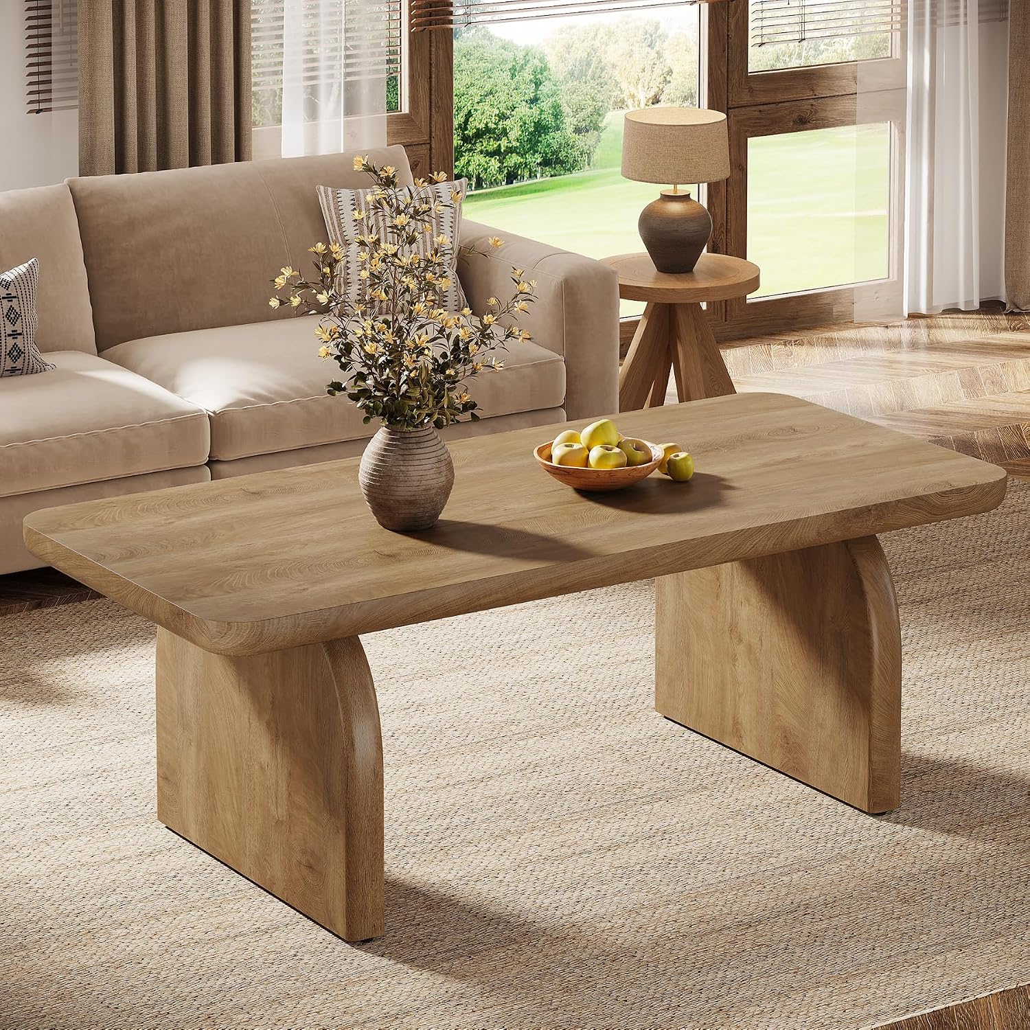 Tribesigns Farmhouse Coffee Table for Living Room, 47-Inch Mid-Century Rectangular Center Table with Rounded Corners, Modern Low Large Cocktail Tea Furniture, Easy Assembly (Natural Brown)