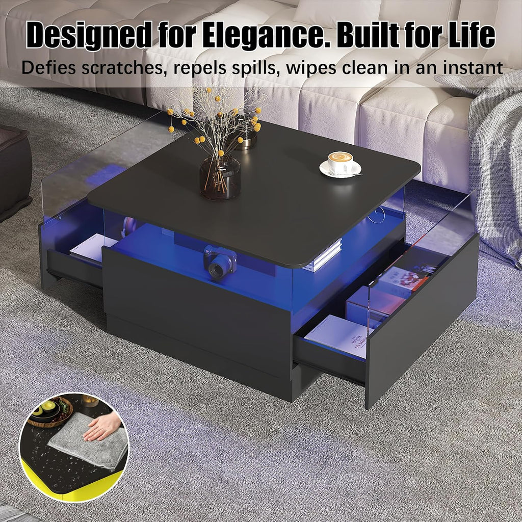 HedoAjim Square Coffee Tables with Storages, Modern Coffee Table for Living Room, Black Round Coffee Tables and 2 Spacious Drawers, Coffee Table with LED Light