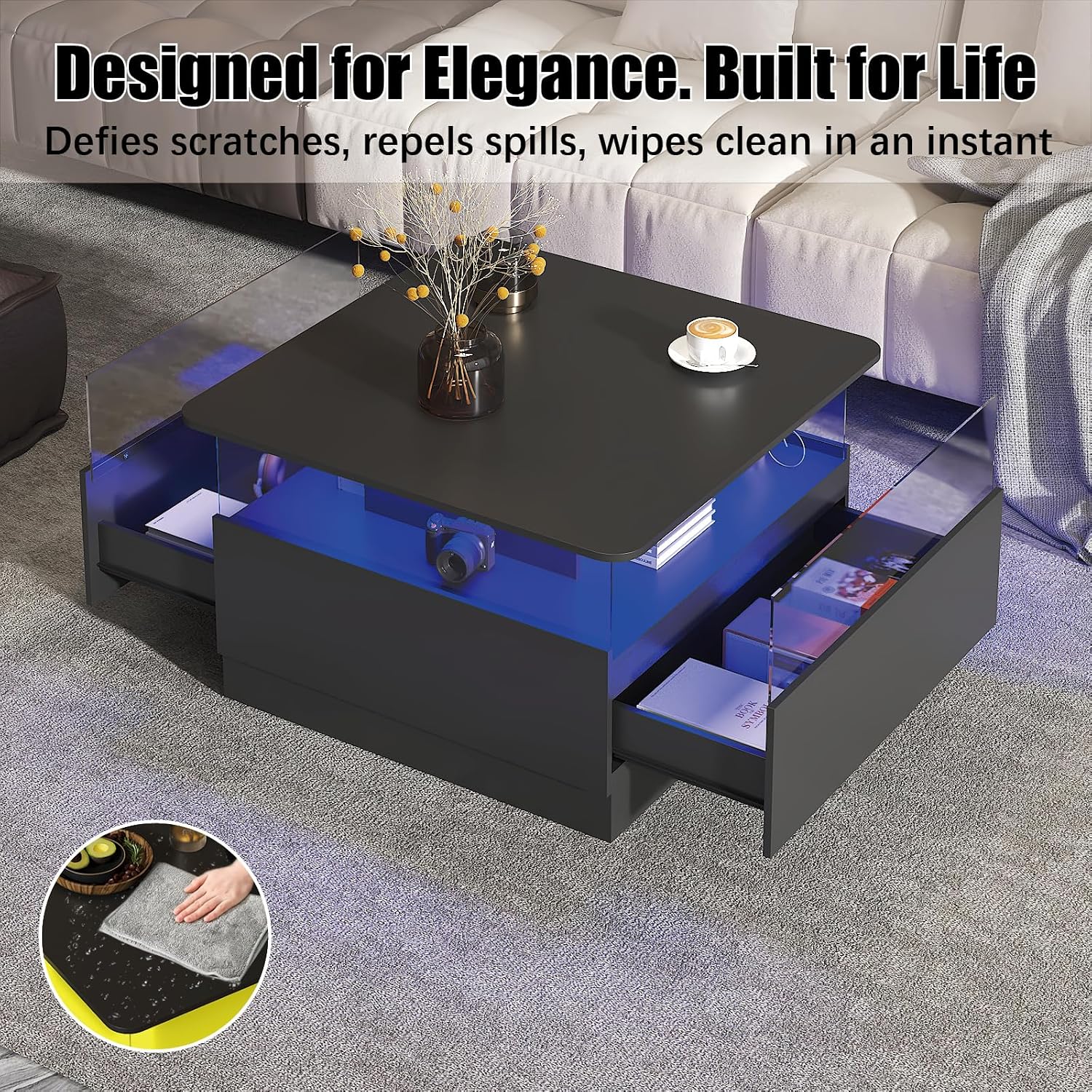 HedoAjim Square Coffee Tables with Storages, Modern Coffee Table for Living Room, Black Round Coffee Tables and 2 Spacious Drawers, Coffee Table with LED Light