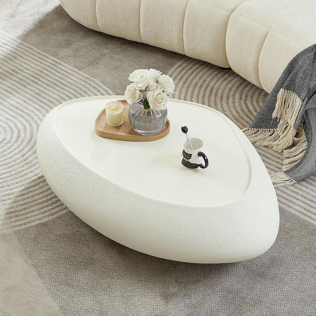WILLIAMSPACE 47.24' Oval Coffee Table with Grainy Matte Rocks Pattern, Modern Faux Stone Irregular Center Table, Drum Fiberglass Coffee Table Accent Side Table End Table for Living Room (White)