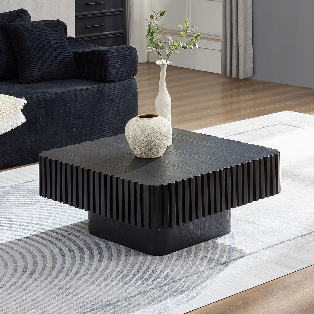 JUSTONE 35-inch Mid-Century Modern Drum Coffee Table, Handcrafted Wood Round Center Table for Living Room, Home Office, Black