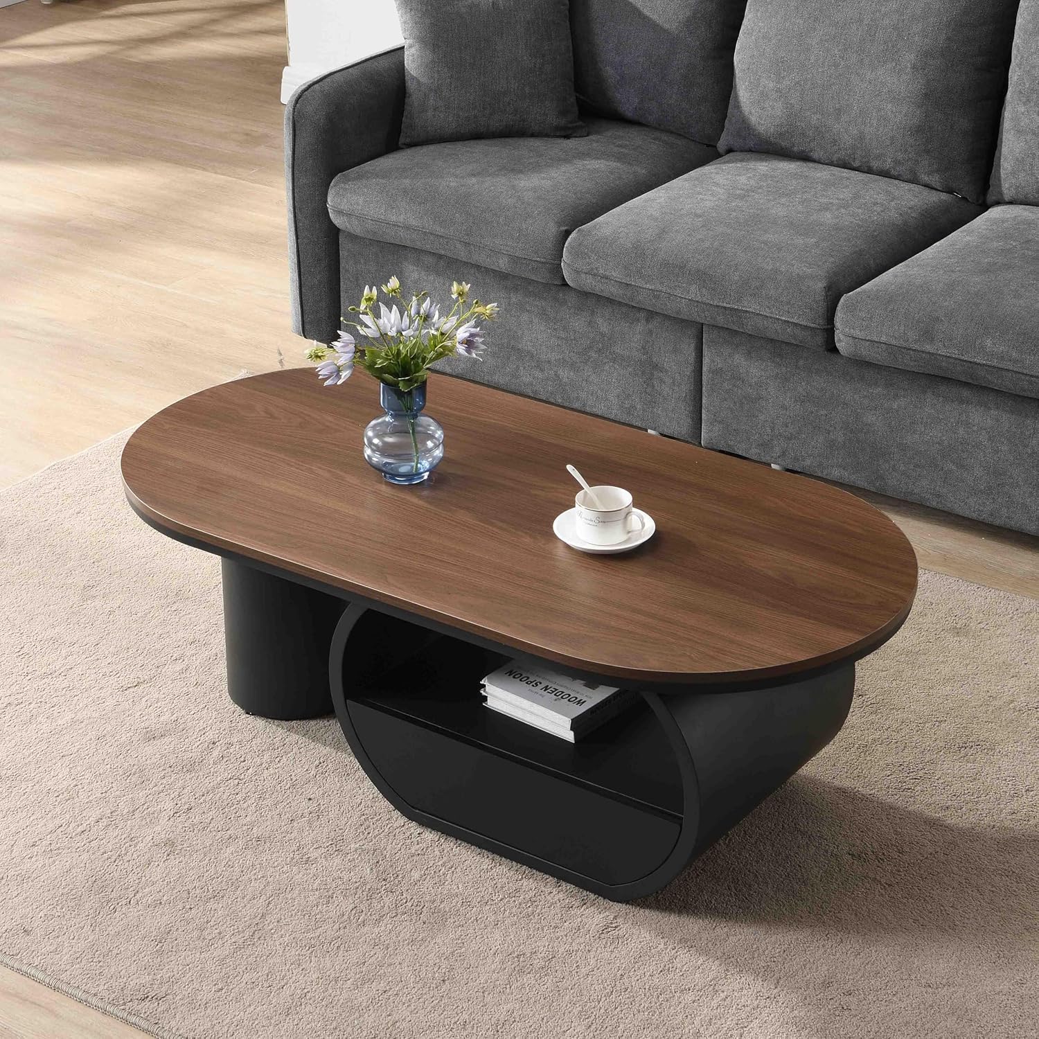 Luxury Black Oval Coffee Table, 47'' Modern Living Room Table with Storage Drawer, Rustic Walnut Top MDF, Sturdy Metal Base, Large Center Tables for Home Apartment