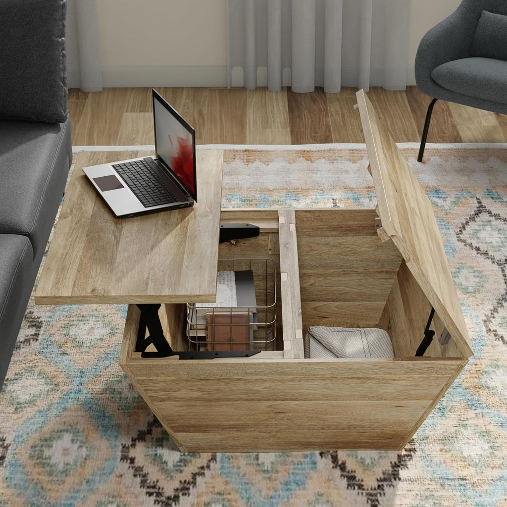 SIMPLIHOME Abba 36-inch Wide Solid Mango Modern Lift Top Square Coffee Table with Dual Lift Panels and 2 Storage Compartments in Natural for Living Room