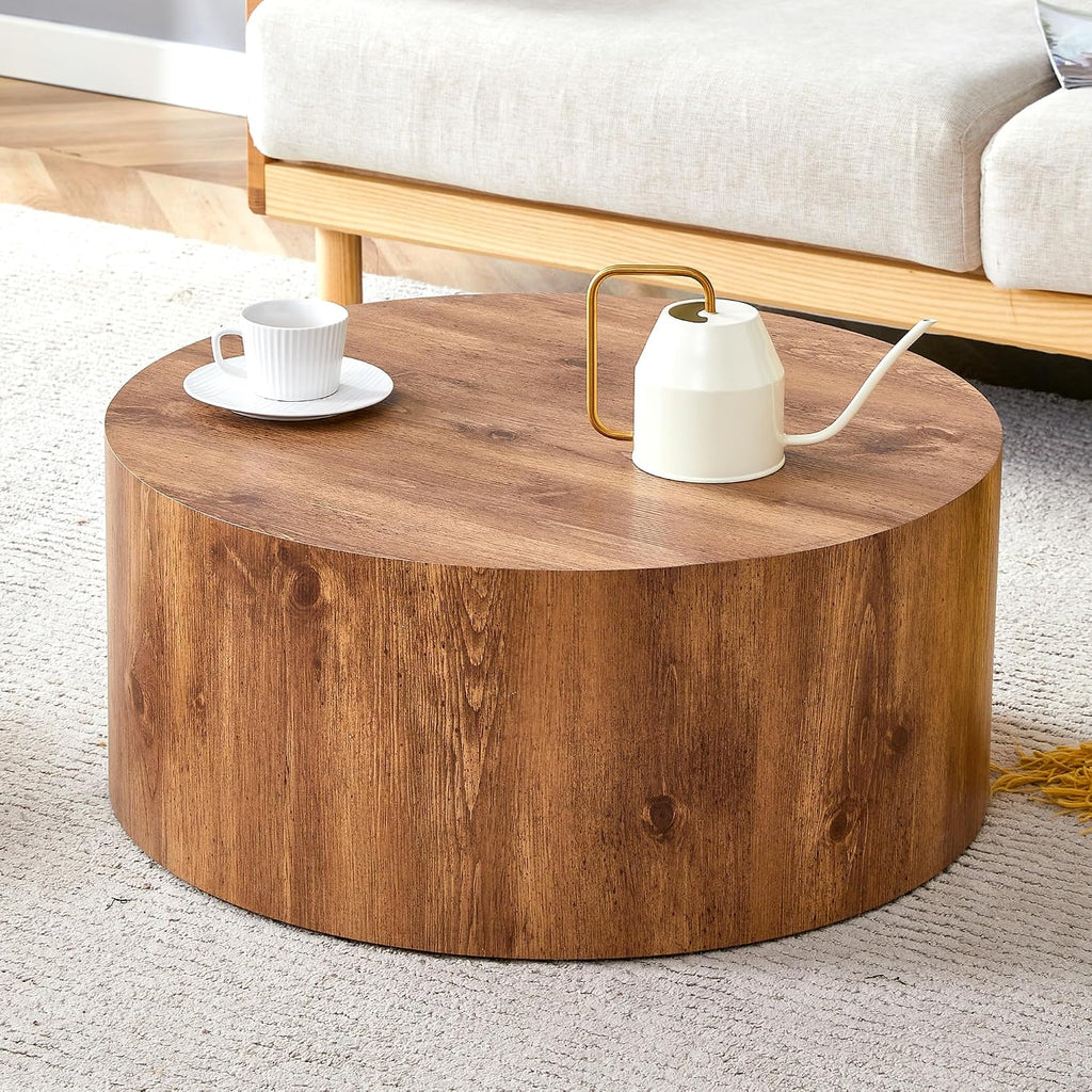 WILLIAMSPACE 27.5' Round Coffee Table for Living Room, Modern Drum Circle Wood Coffee Table, Contemporary Coffee Table Side Table End Table for Apartment, ø27.5'*12'H (Natural)