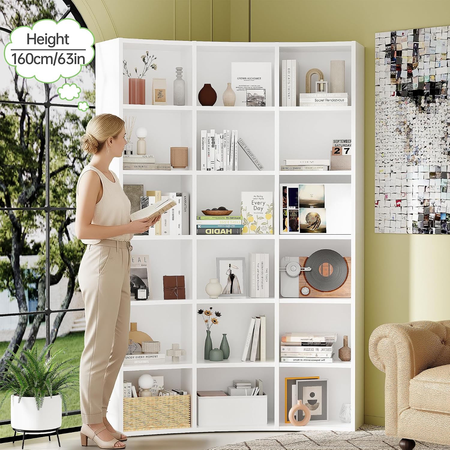 71' Triple Wide Bookshelf, 6 Tier Tall Bookshelf, Large Book Shelf with Curved Baffle, 41.5' Wide Bookcase with 18 Open Floor Standing Display Shelves for Living Room, White