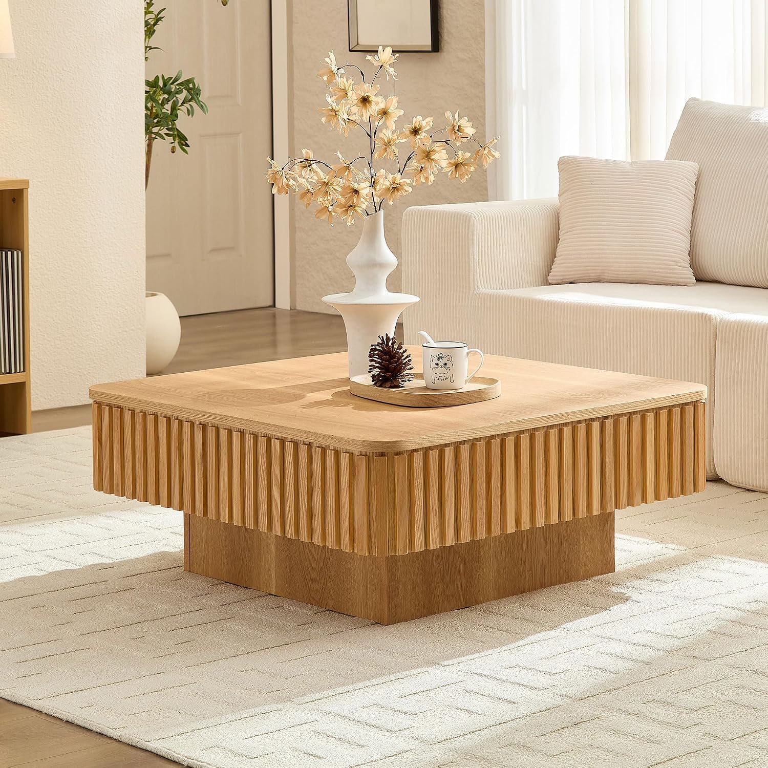 Lift Top Coffee Table Modern Handcraft Drum Coffee Table Table with Hidden Storage Space, Square Center Table for Living Room Apartment, Oak