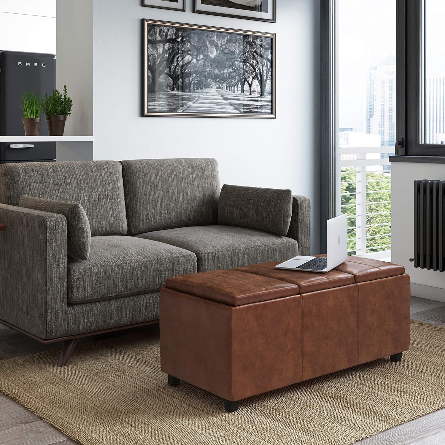 SIMPLIHOME Avalon Storage Ottoman - 42 inch Wide Upholstered Vegan Leather Rectangular Flip-Top Ottoman in Distressed Saddle Brown, Contemporary Coffee Table Ottoman for Living Room with Storage