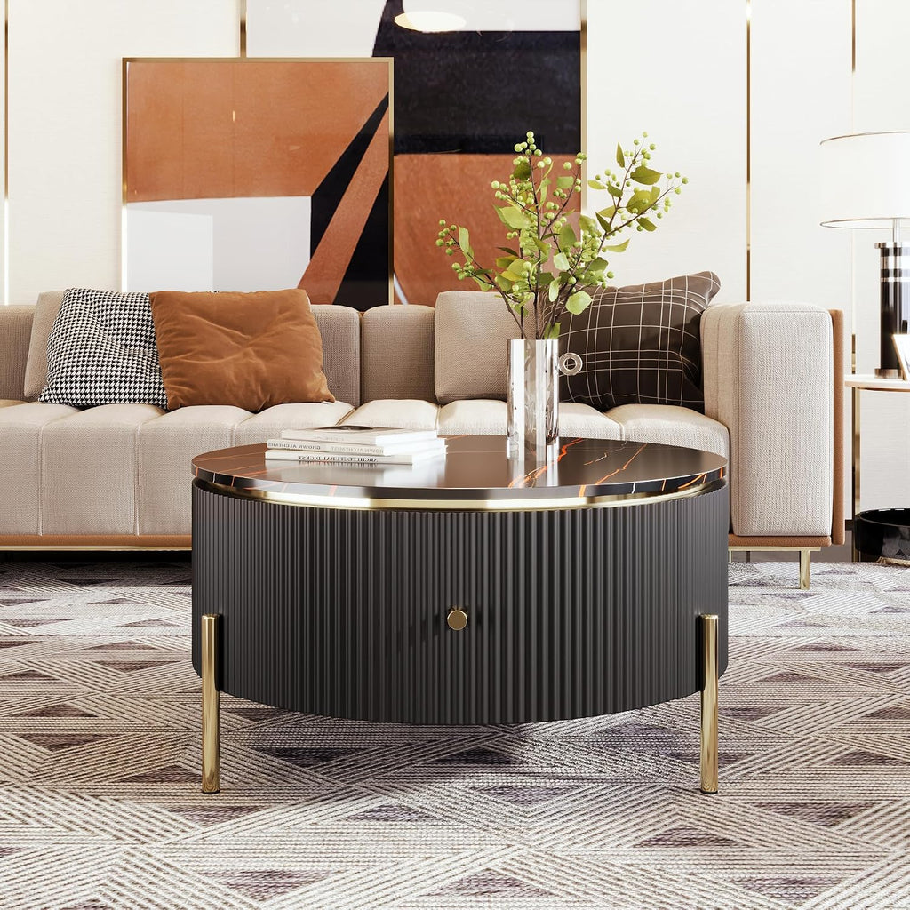 Modern Round Coffee Table with 2 Large Drawers Storage Accent Table(31.5'')