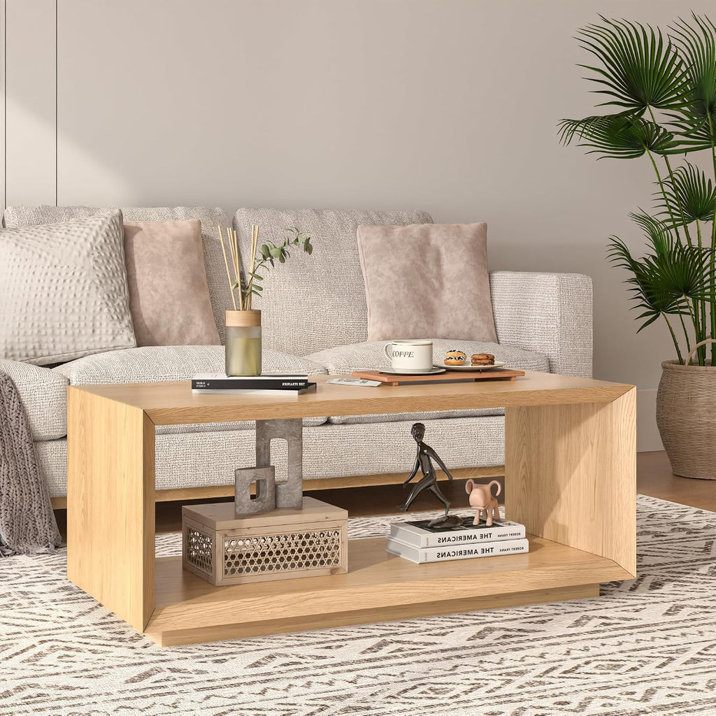 Coffee Table with Storage, Mid Century Modern, Rectangle Cocktail Tea Table, Farmhouse Wood Coffee Table for Living Room, Home Office (Natural Oak)