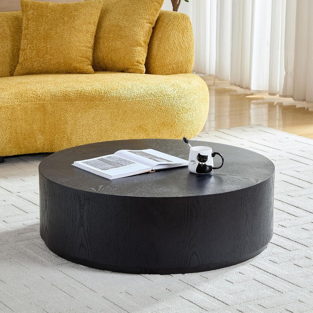 WILLIAMSPACE 35.43' Round Coffee Table for Living Room, Modern Wooden Drum Coffee Table Circle Center Table Side Table End Table for Apartment Office, No Need Assembly (Black)