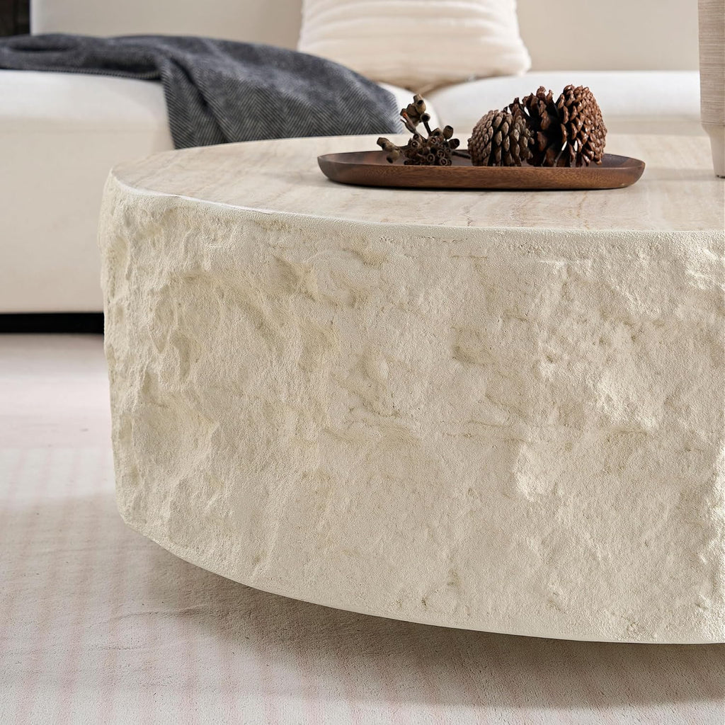 35.43' Modern Round Drum Coffee Table for Living Room, Circle Center Side End Table for Living Room, Office, Apartment, No Assembly Falux Marble Mars Stone, Beige