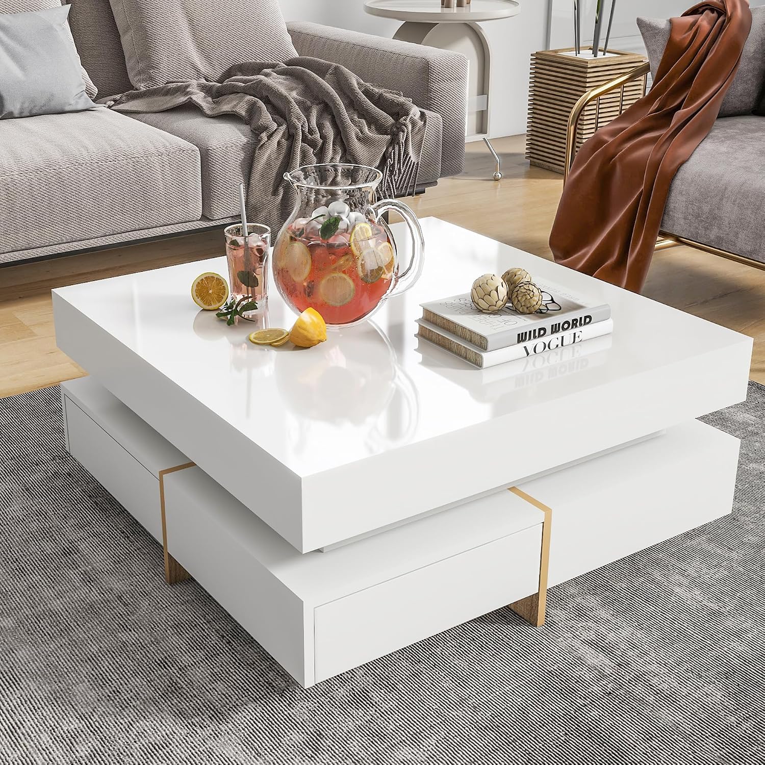 Modern Coffee Table with Storage, Contemporary Square Coffee Table with Drawers, High Gloss Modern Center Table for Living Room, Reception Room, Office, White, 31' D X 31' W X 11' H