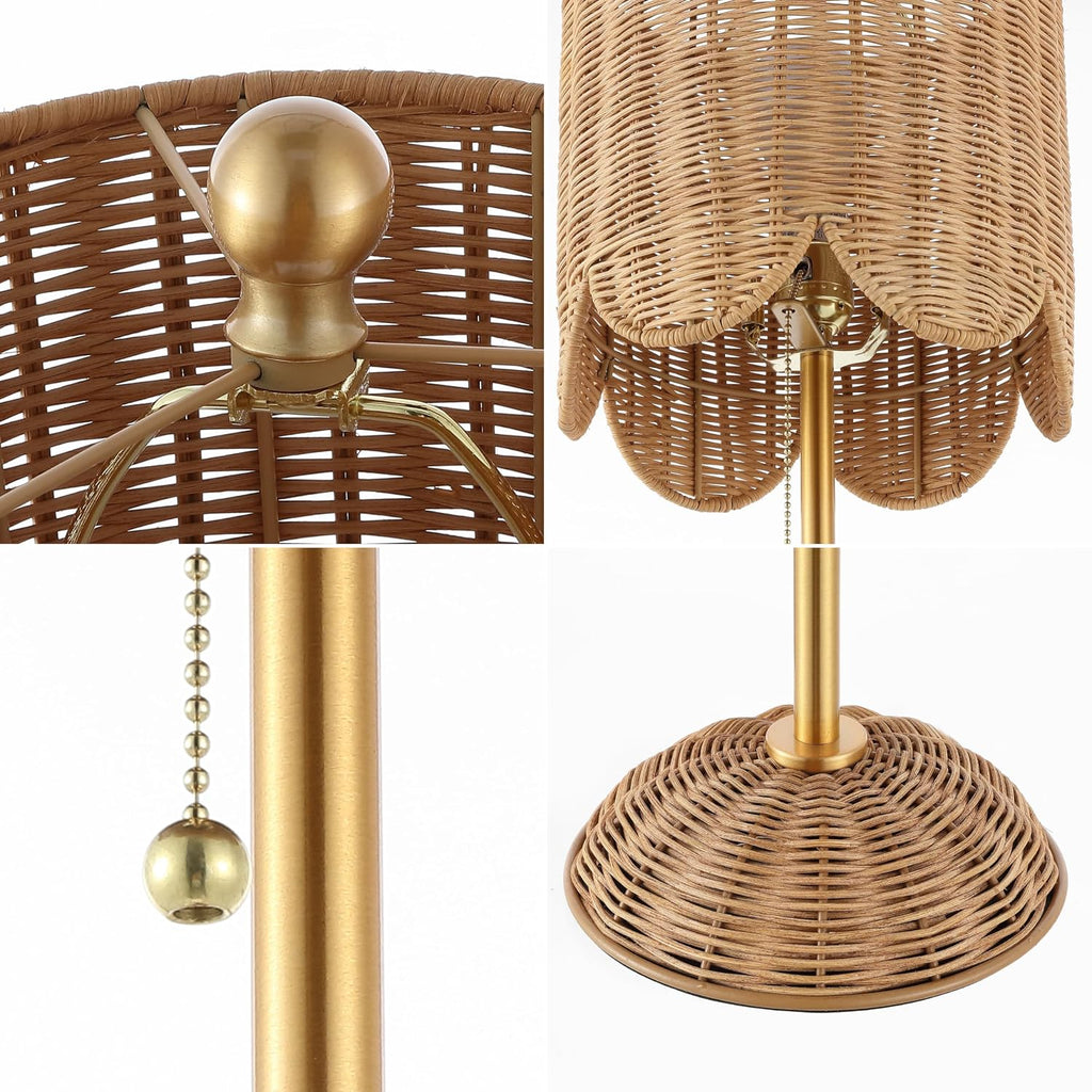 JONATHAN Y 27.5' Brass Gold Coastal Buffet Table Lamp Set of 2 for Bedroom, Boho Table Lamps with Natural Rattan Scalloped Shade, Pull Chain, LED Bulbs Included JYL1138A-SET2