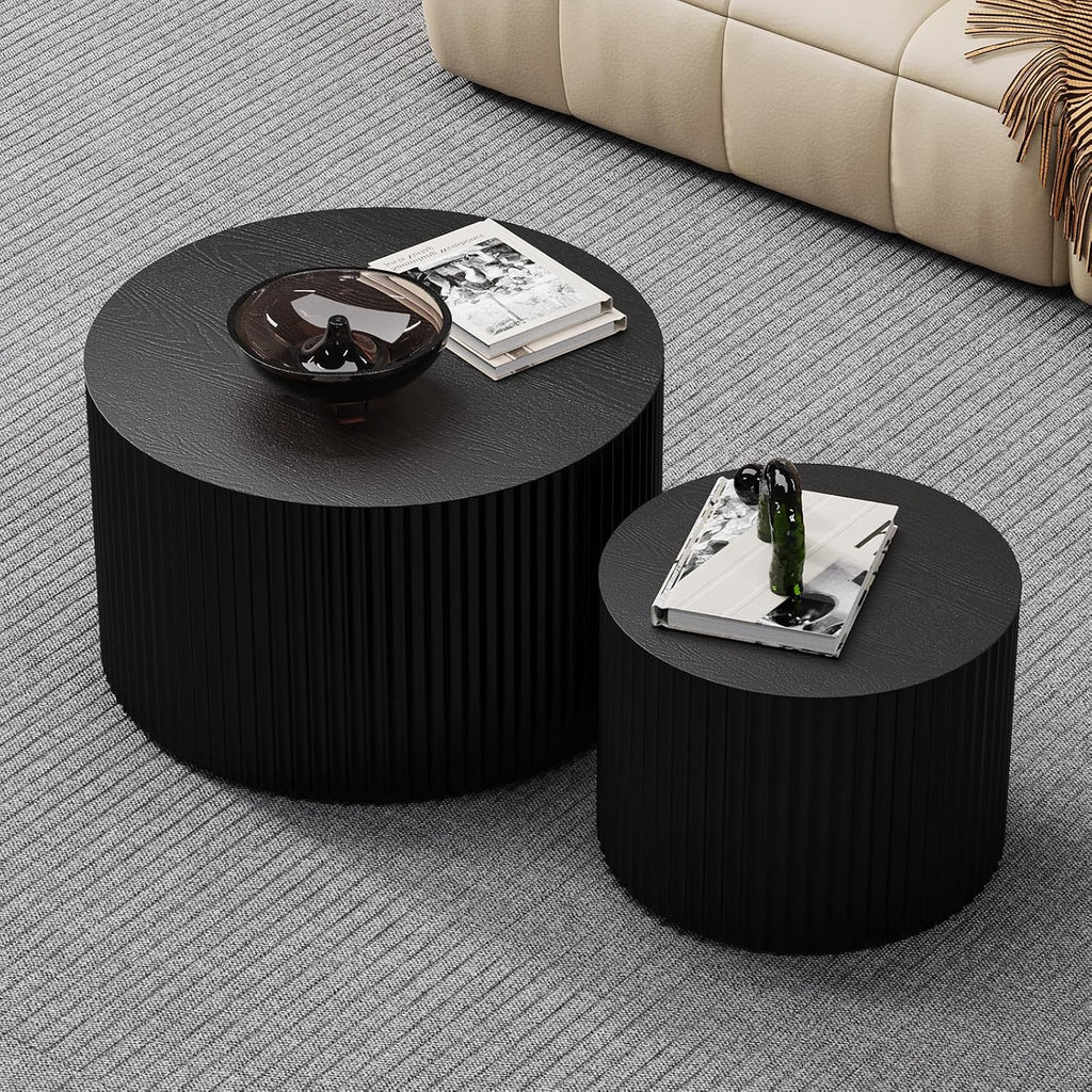 Round Nesting Coffee Table Modern Fluted Coffee Table Set of 2 Stripe Round Coffee Tables Circle Drum Coffee Tables Side Table Accent End Table for Living Room (Black Small)