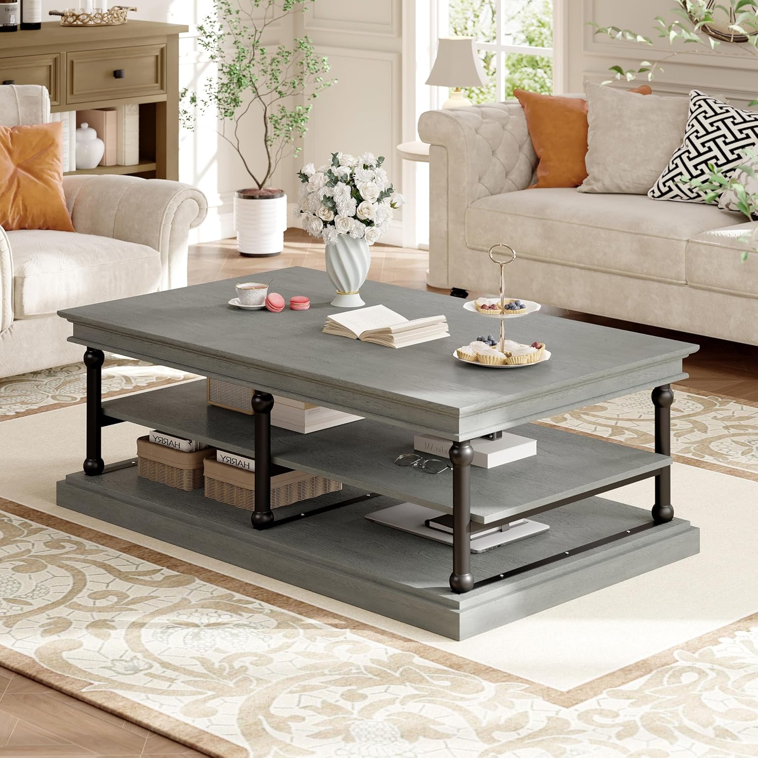 Christopher Knight Home Oner Living Room Coffee Table with Spacious 2-Tier Design, Modern Rubberwood Rectangular Side Table, Multifunctional Accent Table with Open Storage Shelves, Black + Gray