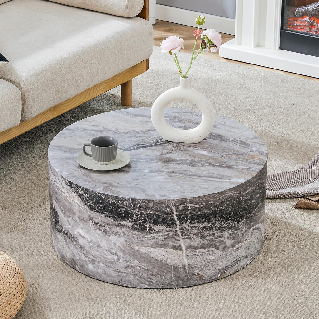 WILLIAMSPACE 27.5' Round Coffee Table for Living Room, Modern Drum Circle Wood Coffee Table, Contemporary Coffee Table Side End Table for Apartment, ø27.5'*12'H (Gray Marble)