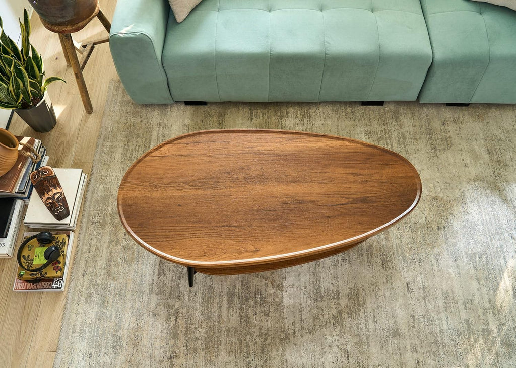 AGV LIGHTING Oval Coffee Table with Storage Shelf, 47' Mid Century Modern Coffee Table for Living Room, Walnut Wood Finish MDF Top with Rattan Shelf