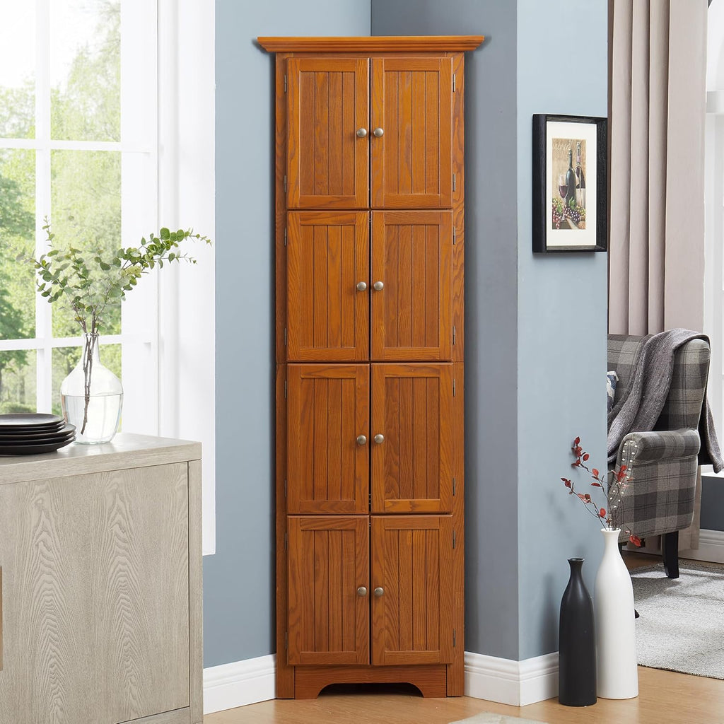 Tall Corner Bookcase Storage Cabinet with Doors and 4 Shelves, Freestanding Triangle Cabinet for Living Room, Kitchen, Office, Small Space, Floor Corner Storage Rack (Oak2)