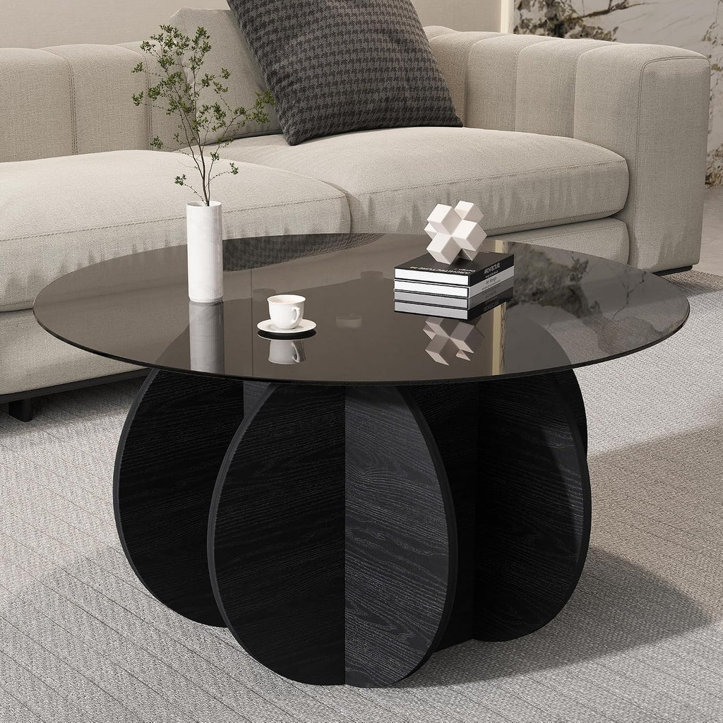 Glass Coffee Table, Round Coffee Table with Petal-Inspired Base, Modern Minimalist Coffee Table for Decoration, Black Coffee Tables for Living Room, Study Room, Office