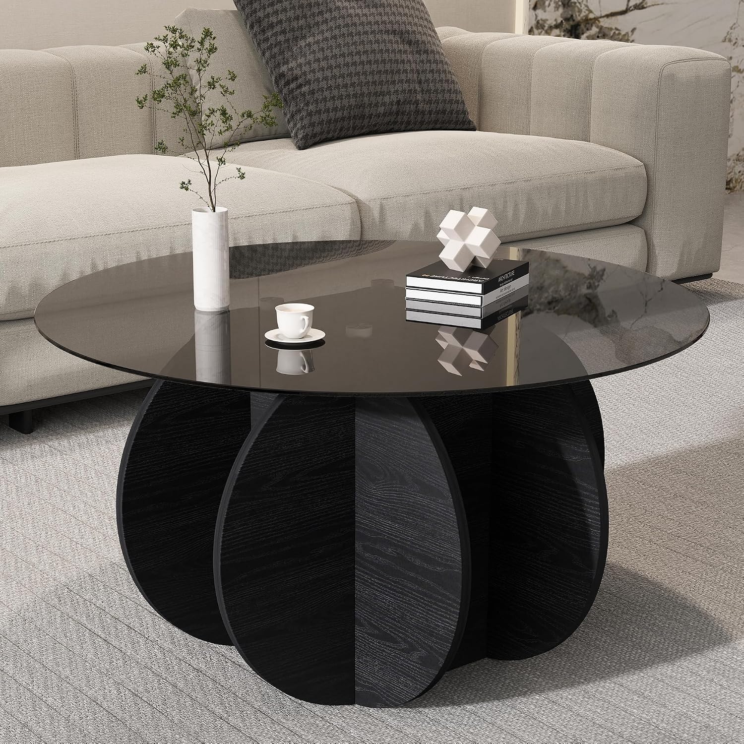 Glass Coffee Table, Round Coffee Table with Petal-Inspired Base, Modern Minimalist Coffee Table for Decoration, Black Coffee Tables for Living Room, Study Room, Office